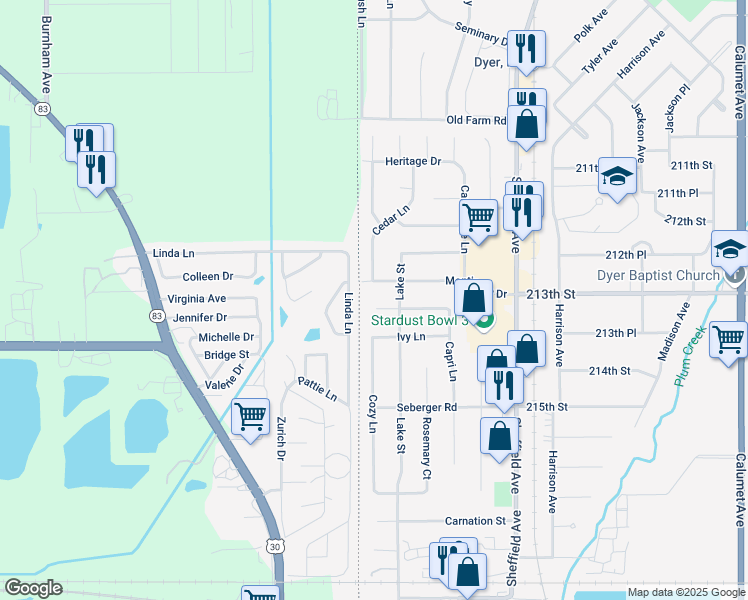 map of restaurants, bars, coffee shops, grocery stores, and more near 13 Lilac Drive in Dyer