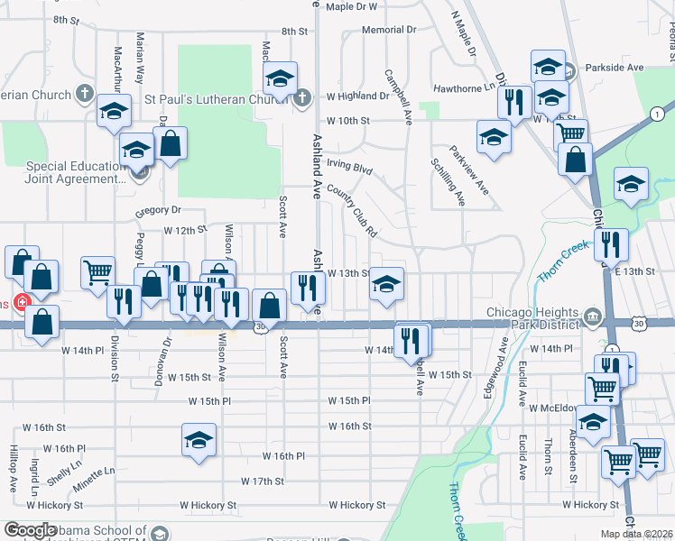 map of restaurants, bars, coffee shops, grocery stores, and more near 301 West 13th Street in Chicago Heights