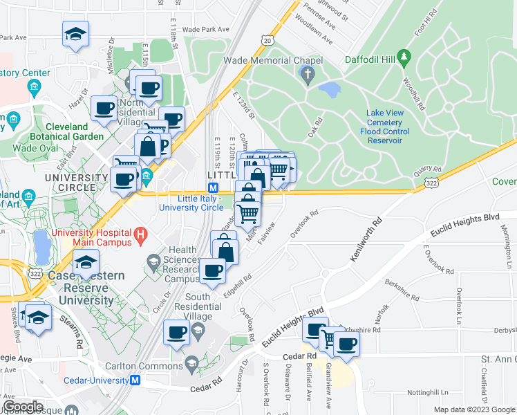 map of restaurants, bars, coffee shops, grocery stores, and more near 2023 Murray Hill Road in Cleveland
