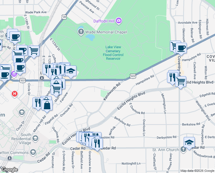 map of restaurants, bars, coffee shops, grocery stores, and more near 2501 Overlook Road in Cleveland Heights