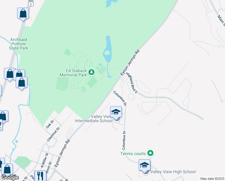 map of restaurants, bars, coffee shops, grocery stores, and more near 411 Columbus Drive in Archbald