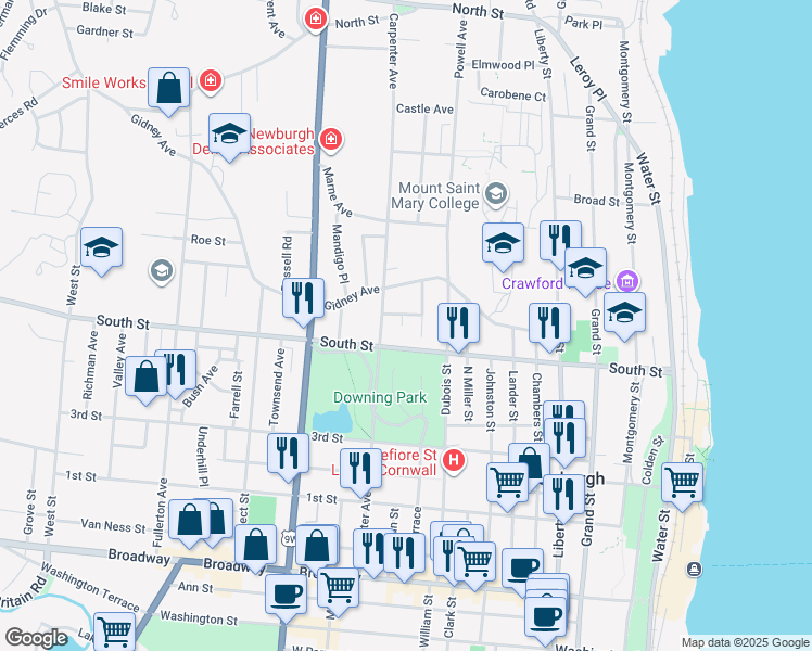 map of restaurants, bars, coffee shops, grocery stores, and more near 3 Cedar Street in Newburgh