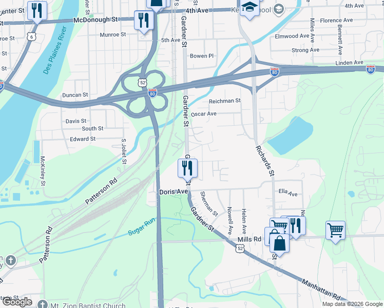 map of restaurants, bars, coffee shops, grocery stores, and more near 822 Gardner Street in Joliet