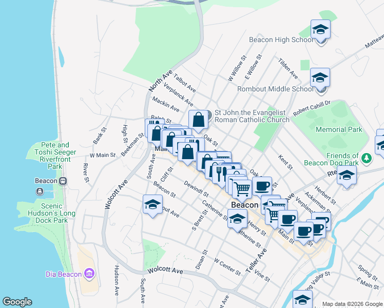 map of restaurants, bars, coffee shops, grocery stores, and more near 6 Willow Street in Beacon