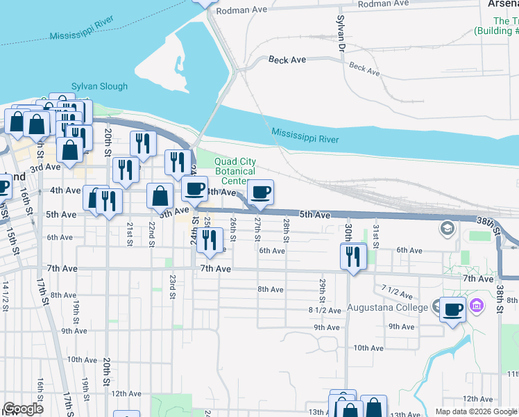 map of restaurants, bars, coffee shops, grocery stores, and more near 2613 4th Avenue in Rock Island