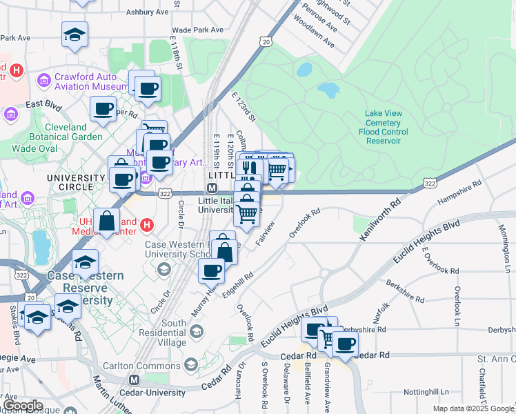 map of restaurants, bars, coffee shops, grocery stores, and more near 12408 Mayfield Road in Cleveland