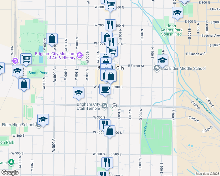 map of restaurants, bars, coffee shops, grocery stores, and more near 101 Utah 13 in Brigham City