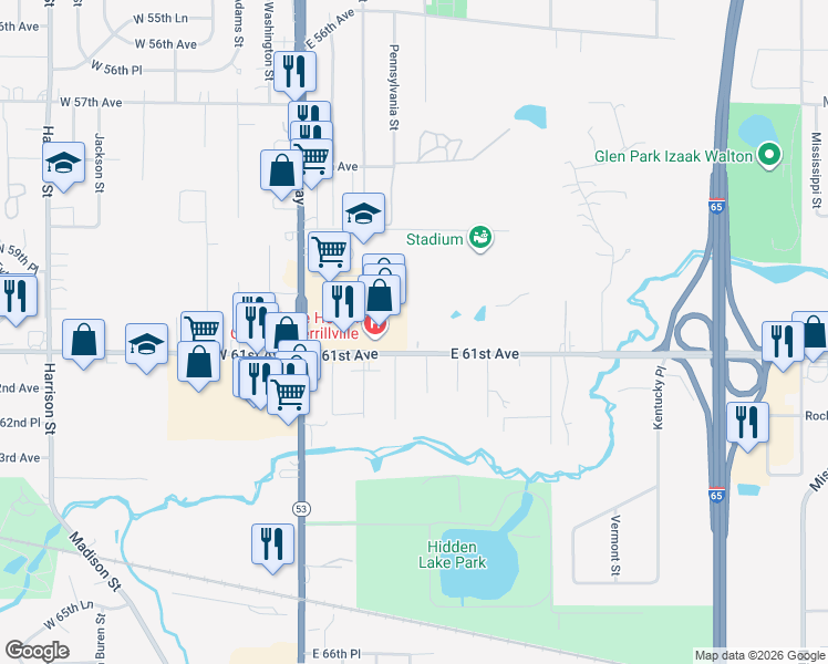 map of restaurants, bars, coffee shops, grocery stores, and more near 322 East 60th Court in Merrillville