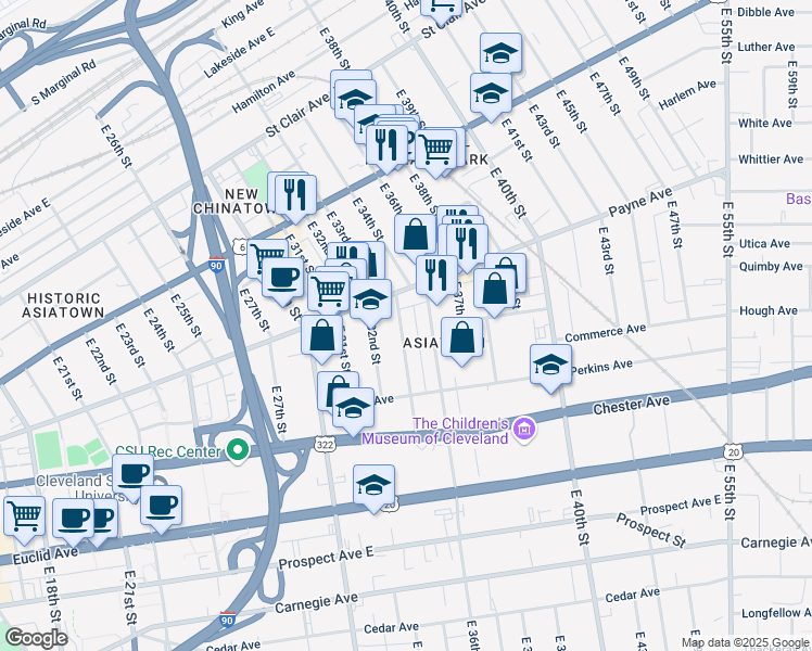 map of restaurants, bars, coffee shops, grocery stores, and more near 1743 East 33rd Street in Cleveland