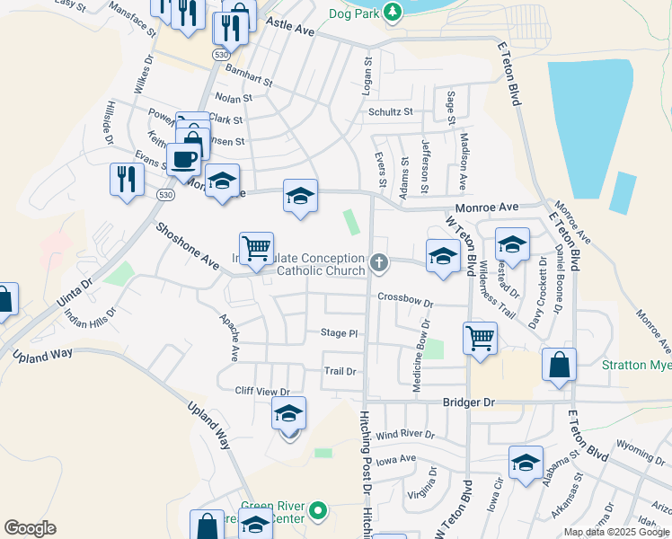 map of restaurants, bars, coffee shops, grocery stores, and more near 325 Anvil Dr in Green River