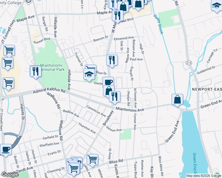 map of restaurants, bars, coffee shops, grocery stores, and more near 73 Dexter Street in Newport