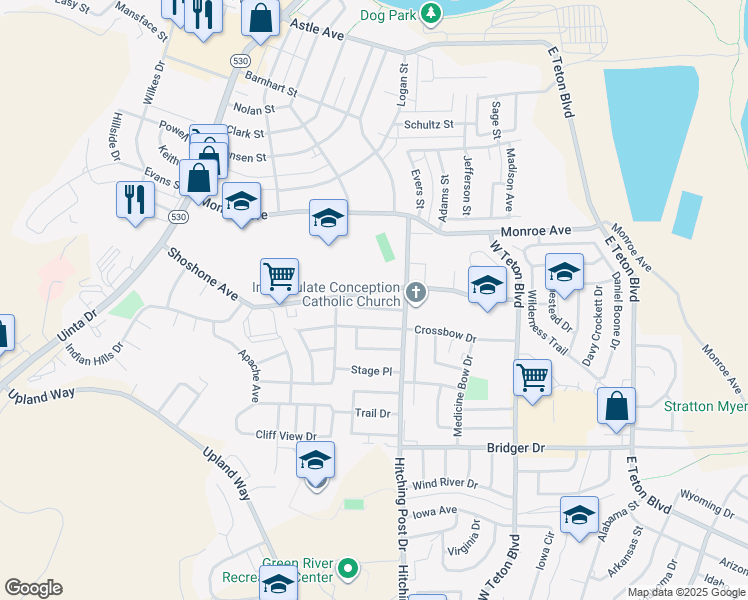map of restaurants, bars, coffee shops, grocery stores, and more near 325 Anvil Drive in Green River