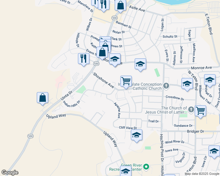 map of restaurants, bars, coffee shops, grocery stores, and more near 1000 Indian Hills Drive in Green River