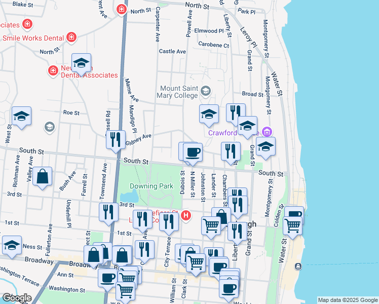 map of restaurants, bars, coffee shops, grocery stores, and more near 201 North Miller Street in Newburgh