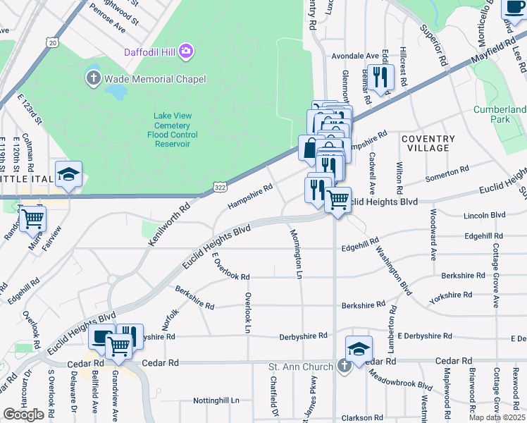 map of restaurants, bars, coffee shops, grocery stores, and more near 2661 Euclid Heights Boulevard in Cleveland