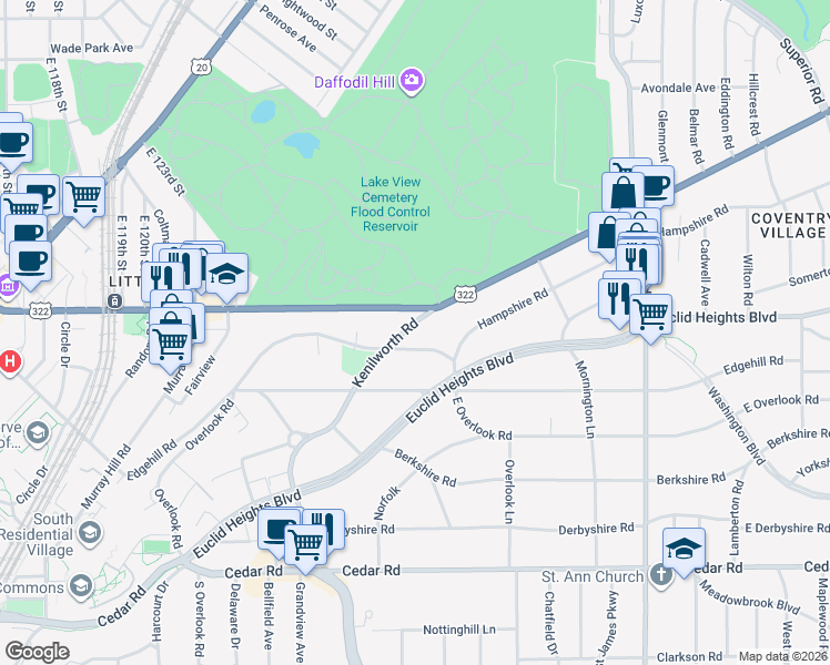 map of restaurants, bars, coffee shops, grocery stores, and more near in Cleveland Heights