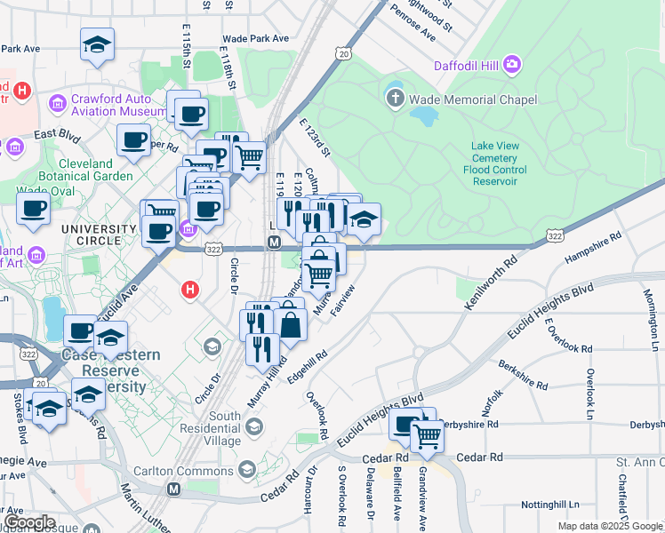 map of restaurants, bars, coffee shops, grocery stores, and more near 12408 Mayfield Road in Cleveland