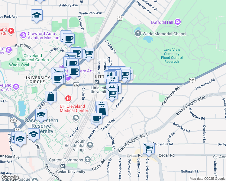map of restaurants, bars, coffee shops, grocery stores, and more near 2025 Random Road in Cleveland