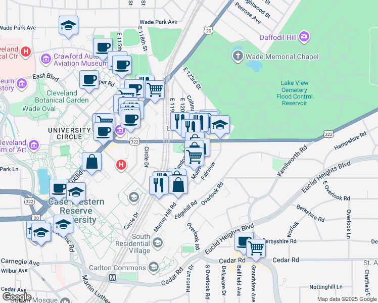 map of restaurants, bars, coffee shops, grocery stores, and more near 2025 Random Road in Cleveland