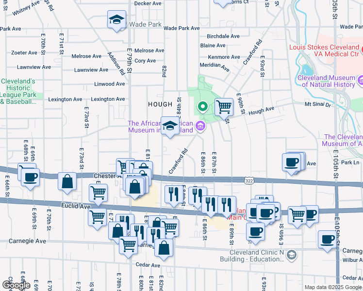 map of restaurants, bars, coffee shops, grocery stores, and more near in Cleveland