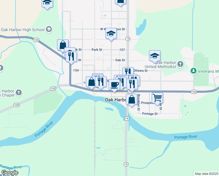 map of restaurants, bars, coffee shops, grocery stores, and more near 214 W Water St in Oak Harbor