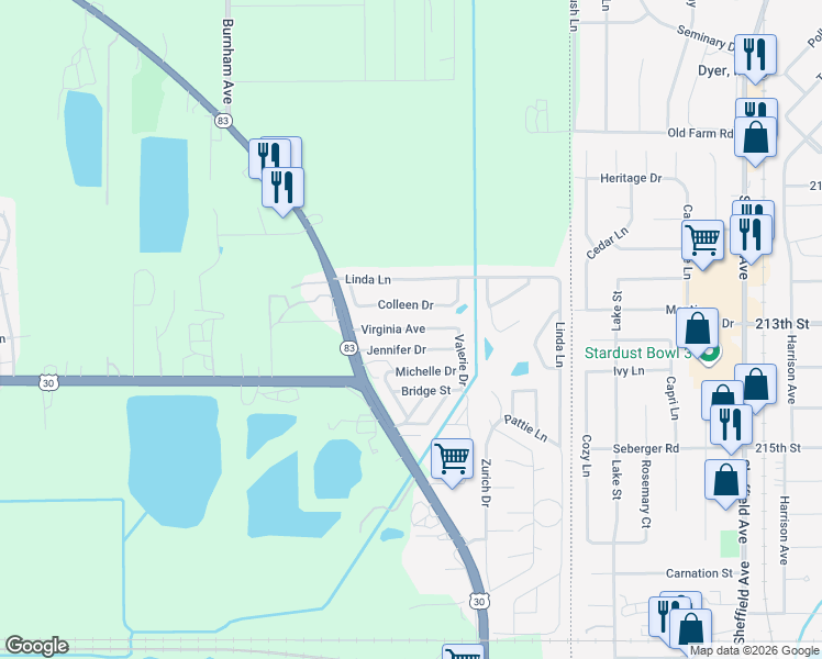 map of restaurants, bars, coffee shops, grocery stores, and more near 608 Virginia Avenue in Chicago Heights