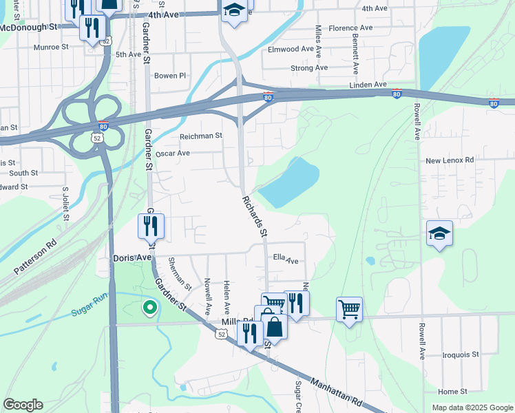 map of restaurants, bars, coffee shops, grocery stores, and more near 833 Richards Street in Joliet