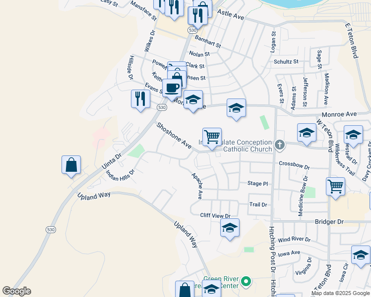 map of restaurants, bars, coffee shops, grocery stores, and more near 1000 Indian Hills Drive in Green River