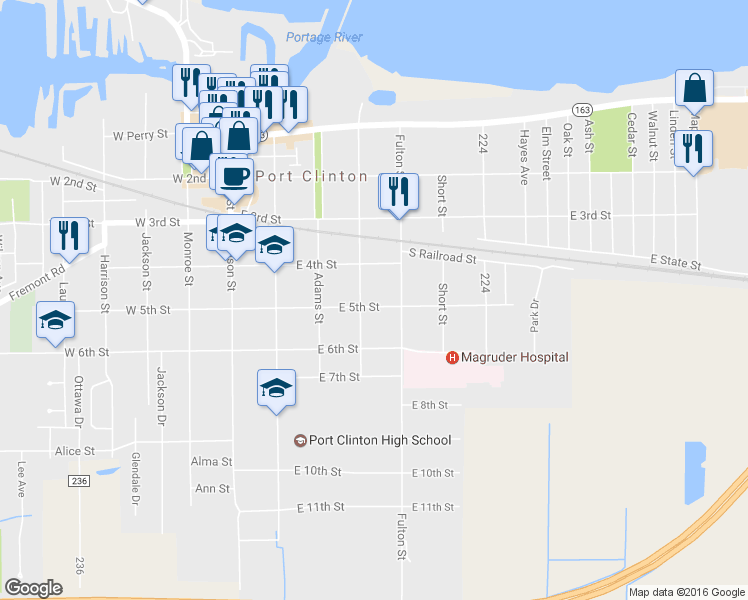 map of restaurants, bars, coffee shops, grocery stores, and more near 411 East 5th Street in Port Clinton