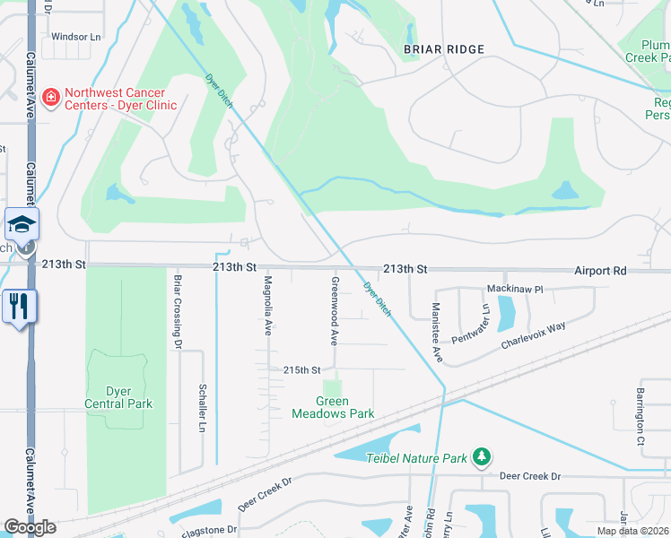 map of restaurants, bars, coffee shops, grocery stores, and more near 1398 East 213th Street in Dyer