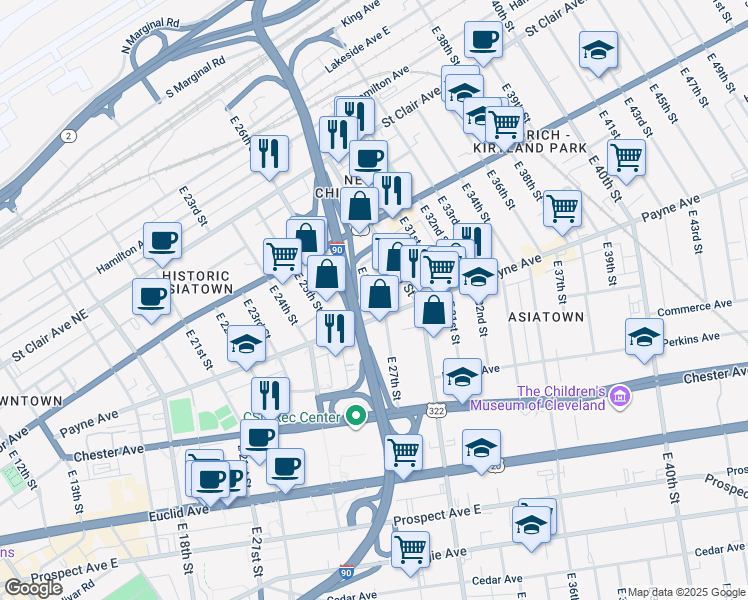 map of restaurants, bars, coffee shops, grocery stores, and more near 1602 East 27th Street in Cleveland