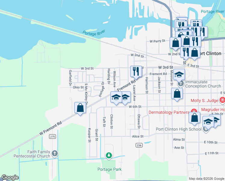map of restaurants, bars, coffee shops, grocery stores, and more near 606 Fremont Road in Port Clinton