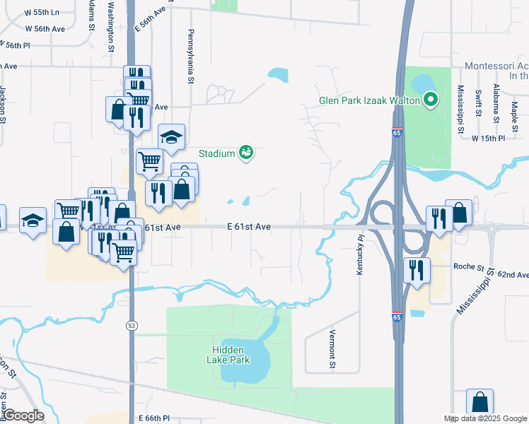 map of restaurants, bars, coffee shops, grocery stores, and more near 6060 Virginia St in Merrillville