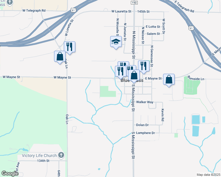 map of restaurants, bars, coffee shops, grocery stores, and more near 315 West Mayne Street in Blue Grass