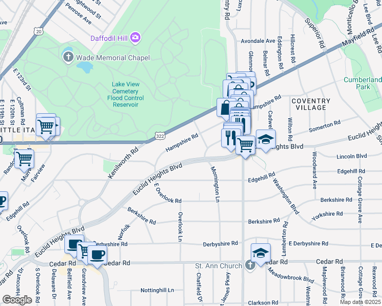 map of restaurants, bars, coffee shops, grocery stores, and more near 2677 Euclid Heights Boulevard in Cleveland Heights