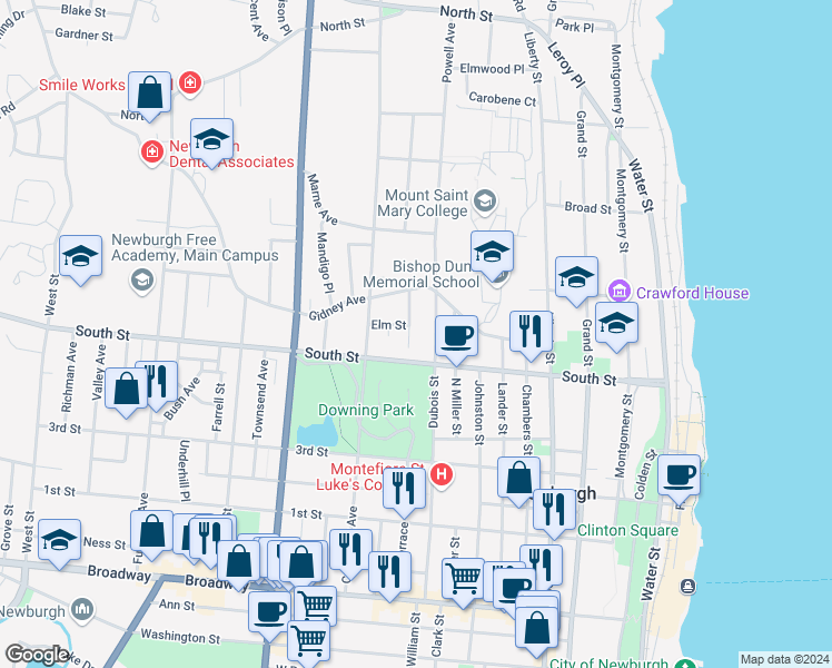 map of restaurants, bars, coffee shops, grocery stores, and more near 200 City Terrace in Newburgh