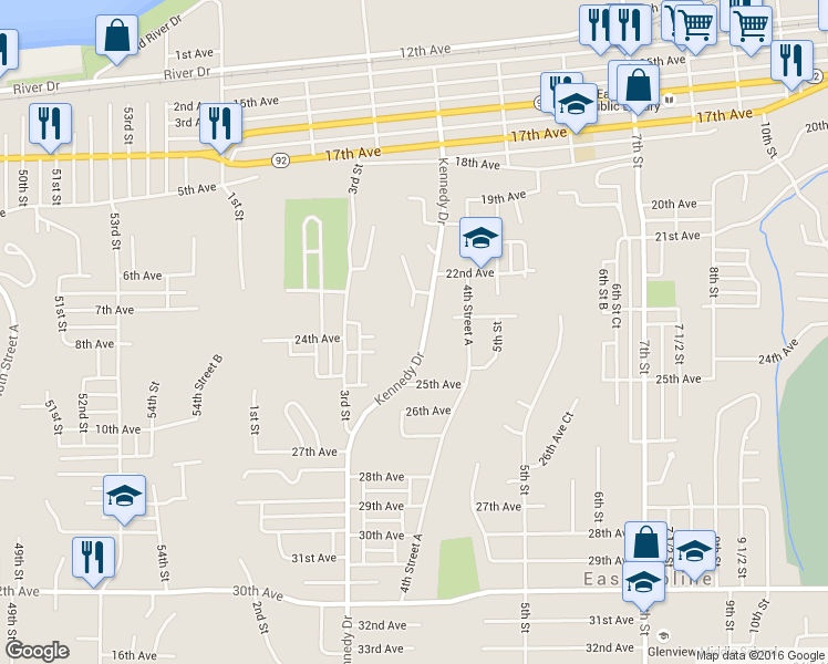 map of restaurants, bars, coffee shops, grocery stores, and more near 2309 Kennedy Drive in East Moline