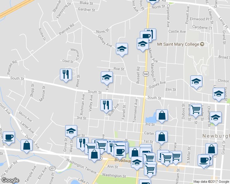 map of restaurants, bars, coffee shops, grocery stores, and more near 388 South Street in Newburgh