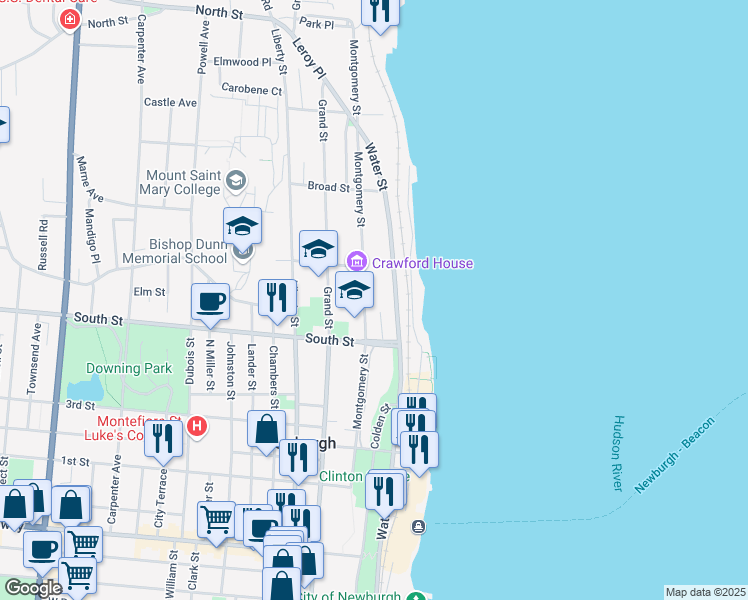 map of restaurants, bars, coffee shops, grocery stores, and more near 209 Water Street in Newburgh
