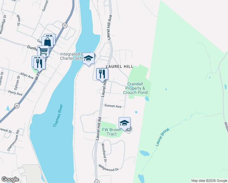 map of restaurants, bars, coffee shops, grocery stores, and more near 32 Bentley Avenue in Norwich