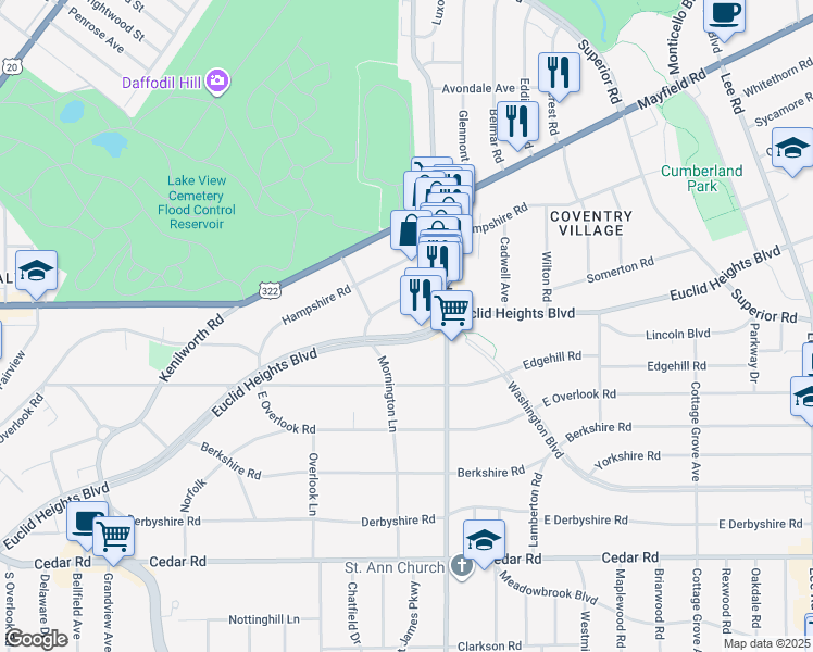 map of restaurants, bars, coffee shops, grocery stores, and more near 2753 Euclid Heights Boulevard in Cleveland Heights