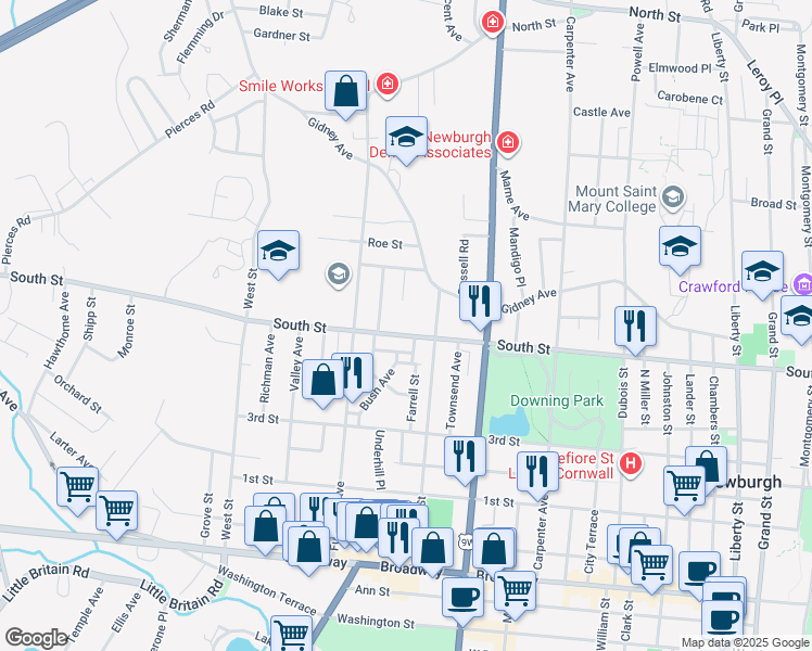 map of restaurants, bars, coffee shops, grocery stores, and more near 368 South Street in Newburgh