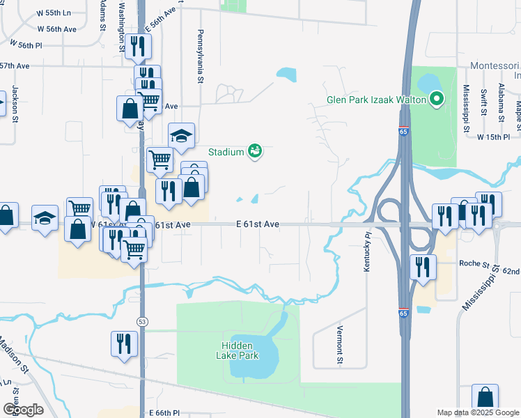 map of restaurants, bars, coffee shops, grocery stores, and more near 6060 Virginia Street in Merrillville