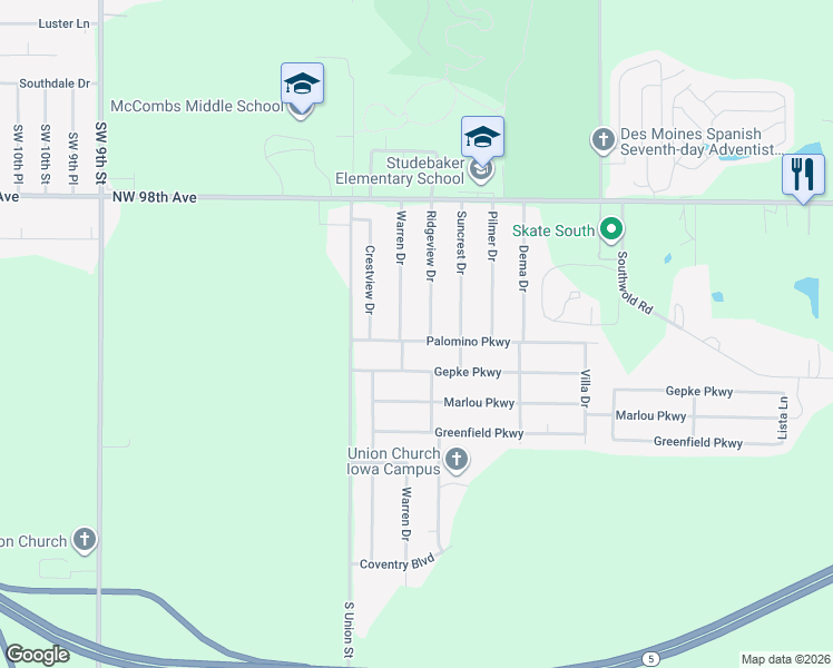 map of restaurants, bars, coffee shops, grocery stores, and more near 212 Palomino Parkway in Des Moines