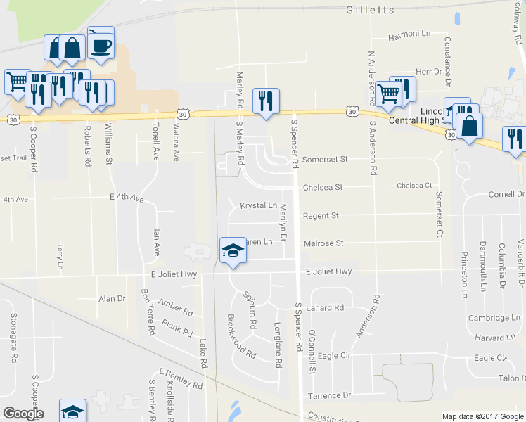map of restaurants, bars, coffee shops, grocery stores, and more near 900 Krystal Lane in New Lenox
