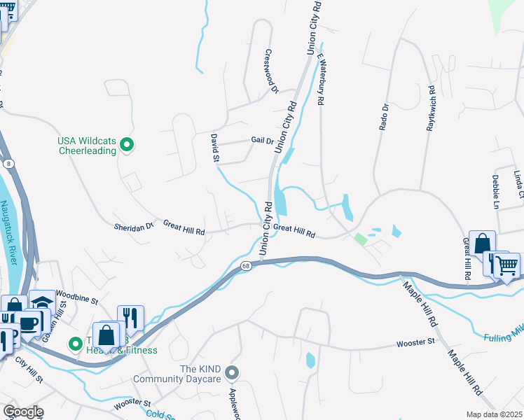 map of restaurants, bars, coffee shops, grocery stores, and more near 78 Union City Road in Naugatuck