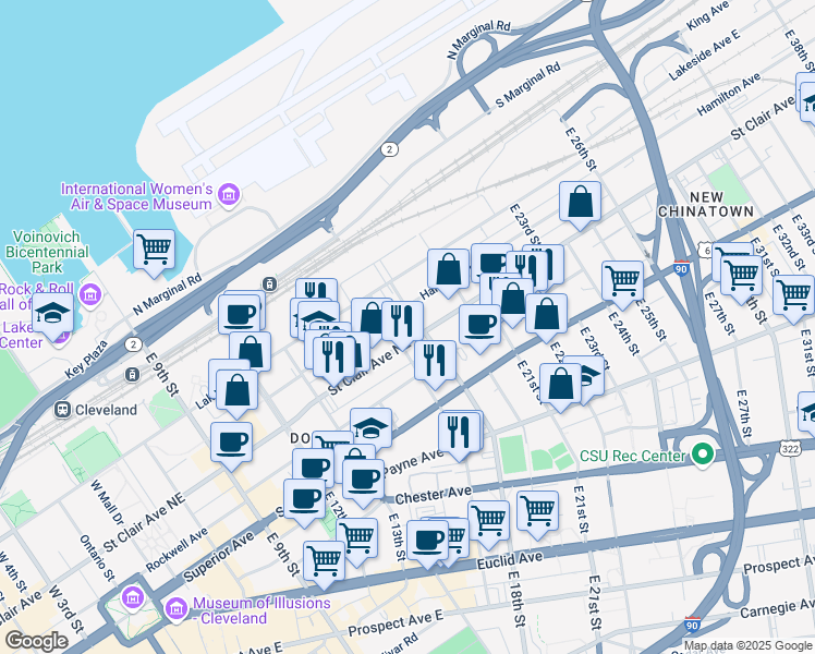 map of restaurants, bars, coffee shops, grocery stores, and more near 1735 Saint Clair Avenue Northeast in Cleveland