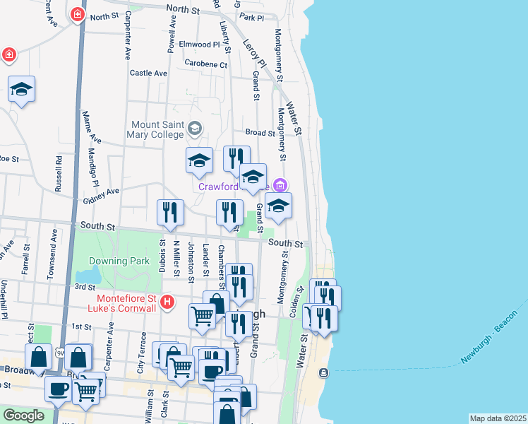 map of restaurants, bars, coffee shops, grocery stores, and more near 238 Grand Street in Newburgh