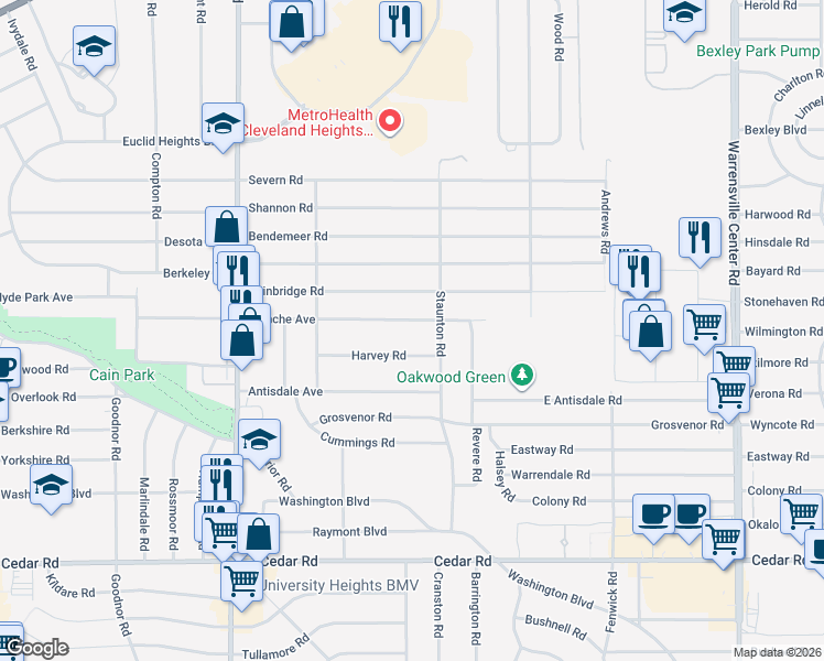 map of restaurants, bars, coffee shops, grocery stores, and more near 3648 Blanche Avenue in Cleveland Heights