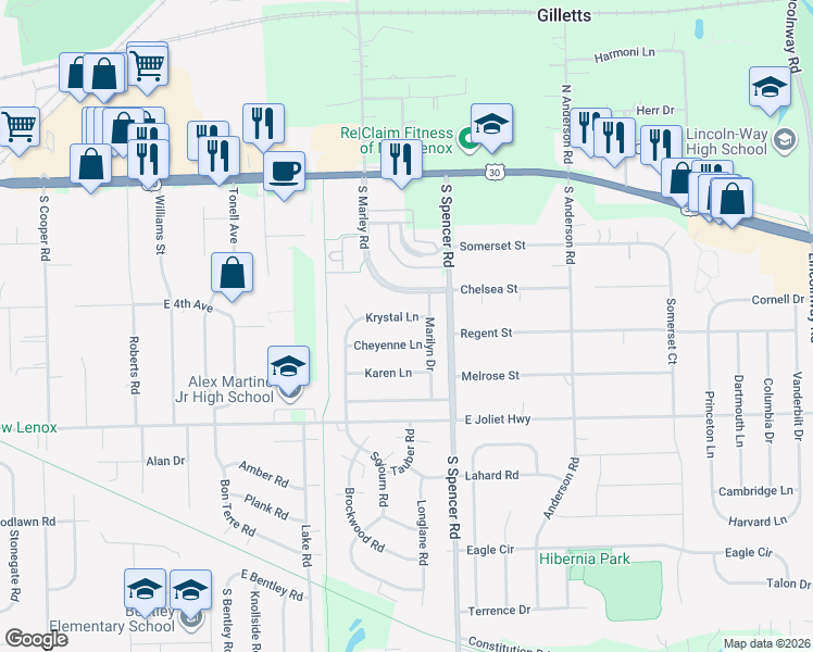 map of restaurants, bars, coffee shops, grocery stores, and more near 900 Krystal Lane in New Lenox